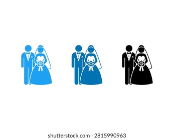 A collection of three wedding couple pictograms showing a bride in a gown with a bouquet and a groom in a tuxedo in various color styles