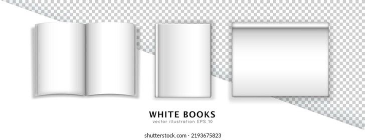 Collection of three white paper objects - opened textbook with blank sheets, closed hardcover book in top view and empty sketchbook. 3d realistic template, mockup, layout with copy space.