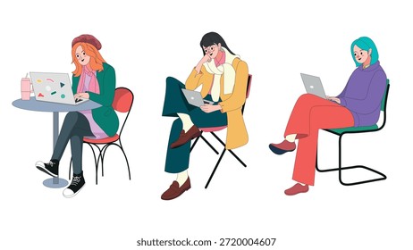 Coleção de três jovens mulheres da Geração Z que trabalham remotamente em laptops. Apresentando diversos estilos, desde café trabalhando até escritório doméstico aconchegante, perfeito para temas nômades freelance e digital