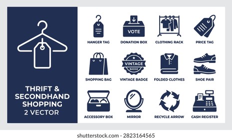 Collection of thrift and secondhand shopping vector icons for retail business concepts.