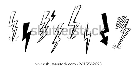 Collection of thunder and lightning icons in hand-drawn pencil style. Weather related, dramatic concepts sketch vector illustration