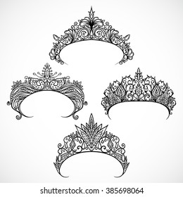 Collection of tiaras. Vintage hand drawn black and white vector illustration.