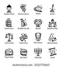 Collection of Tibetan Heritage Doodle Icons 

