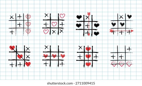 Colección de los Juegos del dedo del pie de Tic Tac con corazones y flechas Xs en el fondo de papel de cuadrícula