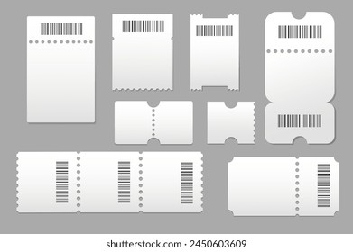 Una colección de boletos o maquetas de Plantilla de Cupón en un diseño 3d realista. Imagen en blanco y negro con Cupones de diferentes tamaños y formas o entradas con códigos de barras. Ilustración vectorial.