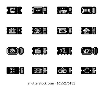 Collection of ticket to VIP, Movie, Cinema, Circus, Party, Concert, Music, Sport, Soccer, Zoo, Musuem, Transportation vector icons with white background. 
