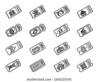 Collection of ticket to VIP, Movie, Cinema, Circus, Party, Concert, Music, Sport, Soccer, Zoo, Musuem, Transportation vector icons with white background. Thin Line Style stock vector.