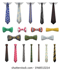 Collection of ties and bow ties. Men fashioned accessories. Clothes design element over isolated on white background. Fabric items for male wardrobe in elegant style