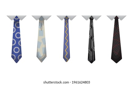 Collection of ties. Men fashioned accessories. Clothes design element over isolated on white background. Fabric items for male wardrobe in elegant style