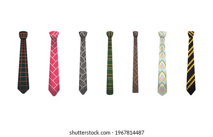 Collection of ties. Men fashioned accessories. Clothes design element over isolated on white background. Fabric items for male wardrobe in elegant style
