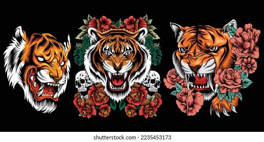 Collection tiger head illustration and roses around