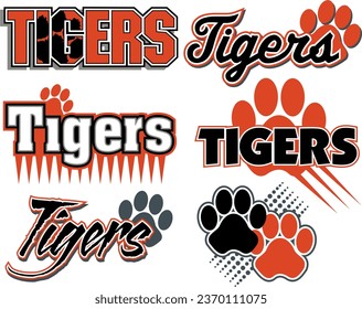 collection of tigers team designs with paw prints for school, college, or league sports