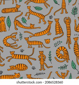 Collection of tigers and tropical leaves. Seamless Pattern for your design