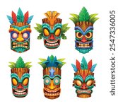 Collection of tiki masks with unique tribal designs, colorful patterns, and details. Vector cartoon illustration