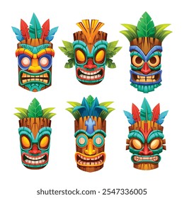 Sammlung von Tiki-Masken mit einzigartigen Stammesdesigns, bunten Mustern und Details. Vektorgrafik