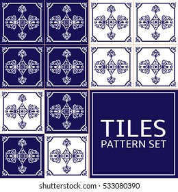 Collection of tile pattern seamless vector blue and white color. Delft dutch, azulejo portuguese tiles, spanish, moroccan, mexican talavera, turkish or arabic motifs.