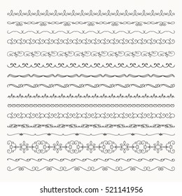 Collection of Tileable Black Outlined Hand Drawn Vintage Seamless Line Borders, Dividers. Design Elements. Vector Illustration