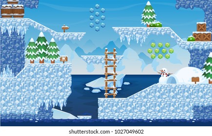 Collection of tiles and objects for creating game world with ice, winter, and Christmas theme