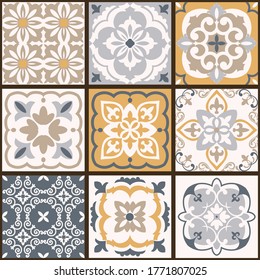 Collection of tiles in turkish style. Seamless colorful patchwork from Azulejo tiles. Portuguese and Spain decor. Islam, Arabic, Indian, Ottoman motif. Vector Hand drawn background