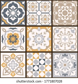 Collection of tiles in turkish style. Seamless colorful patchwork from Azulejo tiles. Portuguese and Spain decor. Islam, Arabic, Indian, Ottoman motif. Vector Hand drawn background