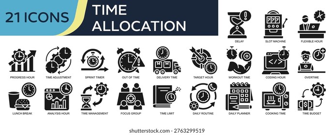 Collection of Time Allocation icons, related to Flexible Hour, Time Adjustment, Workout Time, Focus Group, Time Management and more. Glyph icons vector illustation.
