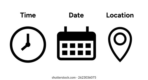 Collection of Time Date and Address or Location Icon. High Quality Vector Icon