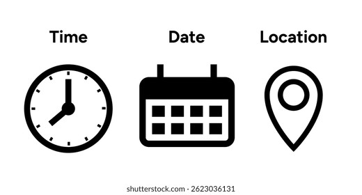 Collection of Time Date and Address or Location Icon. High Quality Vector Icon