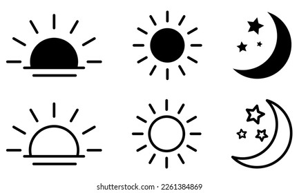 Collection of time of the day icons. Rising and setting sun, crescent moon and stars, day and night time symbols. Vector illustration