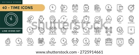 A collection of Time icons set with editable stroke, including wall clock, person hour, time table, smartwatch, time arraw, loading, timeline, future, speed, rapid. Thin linear vector illustration