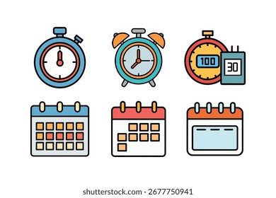 Collection of time management icons including stopwatches and calendars for planning and scheduling