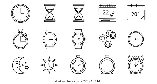 Colección de iconos de administración del tiempo, incluidos relojes, calendarios y alarmas en un fondo limpio, visto desde una perspectiva directa, Conjunto de iconos de línea simples que representan varios dispositivos de cronometraje y calendarios desde diferentes puntos de vista, Conjunto de iconos de productividad empresarial simples en un fondo blanco que se muestra en un diseño de cuadrícula
