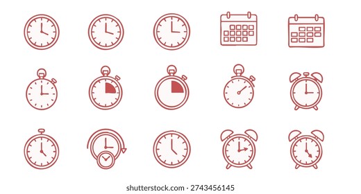 Collection of time management icons including clocks, calendars, and alarms on a clean background, viewed from a straightforward perspective, Set of simple line icons representing various time-keeping devices and calendars from different viewpoints, Set of simple business productivity icons on a white background displayed in a grid layout