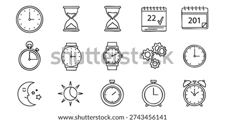 Collection of time management icons including clocks, calendars, and alarms on a clean background, viewed from a straightforward perspective, Set of simple line icons representing various time-keeping devices and calendars from different viewpoints, Set of simple business productivity icons on a white background displayed in a grid layout
