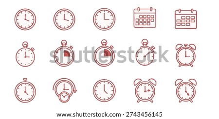 Collection of time management icons including clocks, calendars, and alarms on a clean background, viewed from a straightforward perspective, Set of simple line icons representing various time-keeping devices and calendars from different viewpoints, Set of simple business productivity icons on a white background displayed in a grid layout