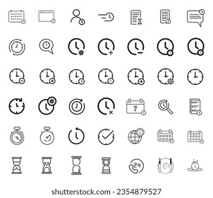 colección de iconos de línea de administración de tiempo con varios diseños, programación, duración del documento y más
