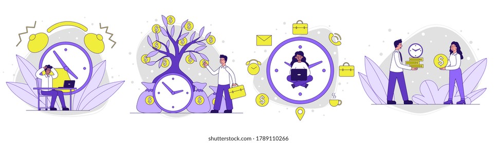 Colección de ilustraciones de interacción de tiempo y personas. Diversos hombres y mujeres ganan dinero, trabajan, planifican día. Conjunto de ilustraciones vectoriales planas.
