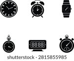 Collection of timekeeping device icons featuring wall clock, alarm clock, wristwatch, pocket watch, digital display, and stopwatch, perfect for design, business, and productivity themes