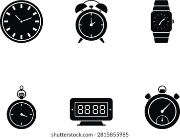 Collection of timekeeping device icons featuring wall clock, alarm clock, wristwatch, pocket watch, digital display, and stopwatch, perfect for design, business, and productivity themes