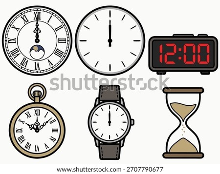 A collection of timekeeping devices, including analog and digital clocks, all displaying the time as twelve o'clock.