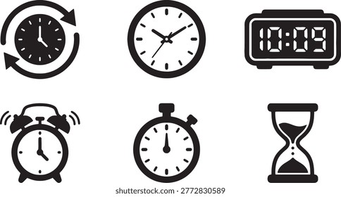 Collection of timekeeping devices in silhouette: circular clock, digital clock, alarm clock, stopwatch, and hourglass.
