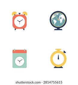 Collection of timekeeping and scheduling featuring alarm clocks globe and calendar for productivity and global business planning tools