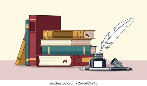 Uma Coleção de Livros Timeless em uma Mesa com uma Caneta Quill e Inkwell Simbolizando a Arte de Escrever e Ler Conhecimento