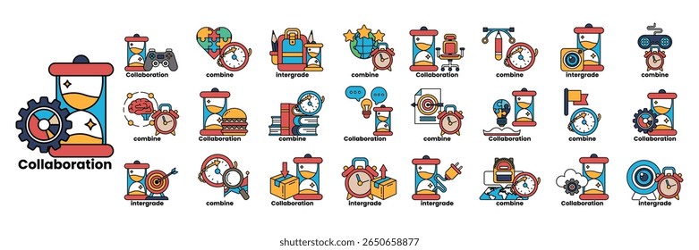 Uma coleção de ícones relacionados ao tempo, incluindo relógios, temporizadores e livros. A imagem é intitulada "Colaboração" e apresenta uma variedade de diferentes designs