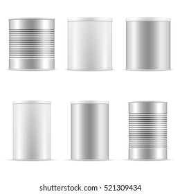 Collection of tin cans including white tin can and metal tin can. Different sizes of containers with plastic cap for baby powder milk, tea, coffee, cereal and other products. Vector packaging set.