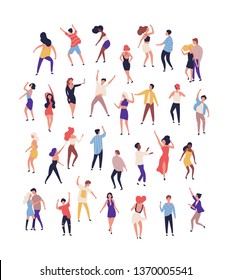 Collection Of Tiny People Dancing On Dance Floor At Night Club Isolated On White Background. Joyful Men And Women Having Fun At Rave, Disco Party Or Music Festival. Flat Cartoon Vector Illustration.