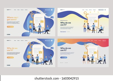 Collection of tiny people near documents. Flat vector illustrations of business analysts working with financial reports. Business concept for banner, website design or landing web page