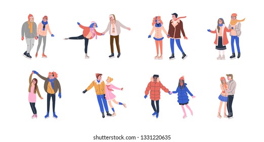 Collection of tiny skating couples having fun on ice rink. Romantic illustration with tiny people in love dressed in winter clothes and holding hands. Isolated vector illustrations in flat style. 