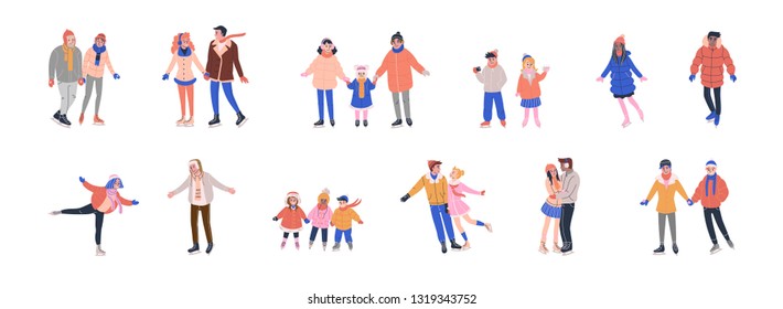 Collection of tiny skating people dressed in winter clothes and having fun on ice rink with family and friends. Isolated vector illustrations in flat style. 