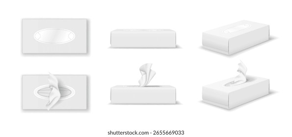 Sammlung von Tissue-Box-Mockups, die an verschiedenen Positionen angezeigt werden. Weißes Farbschema für Branding und Verpackungsdesign zeigt sauberen und minimalistischen Stil.