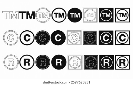 A collection of TM, Copyright, and Registered symbol icons in various styles. Ideal for branding, legal documents, intellectual property, and corporate identity designs.